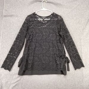 Karen Kane Blouse Womens Size S Lace Overlay Black Long Sleeve Waist Tie Stretch